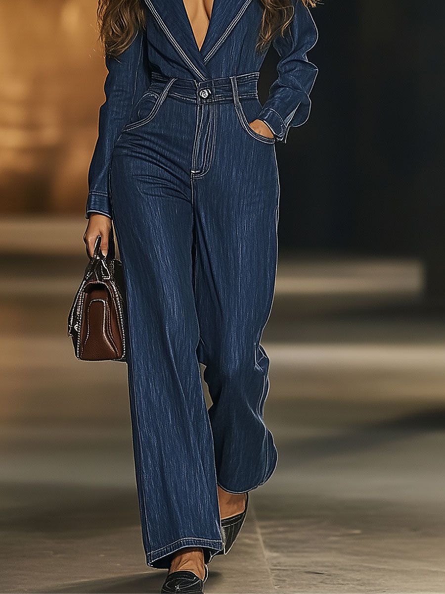 Casual Loose Fashion Lapel Long Sleeve Topstitched Denim Jumpsuit