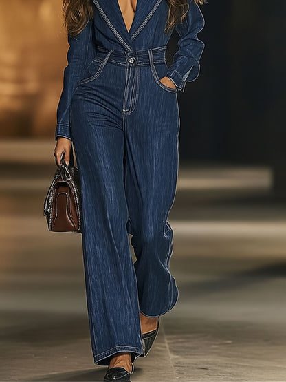 Casual Loose Fashion Lapel Long Sleeve Topstitched Denim Jumpsuit