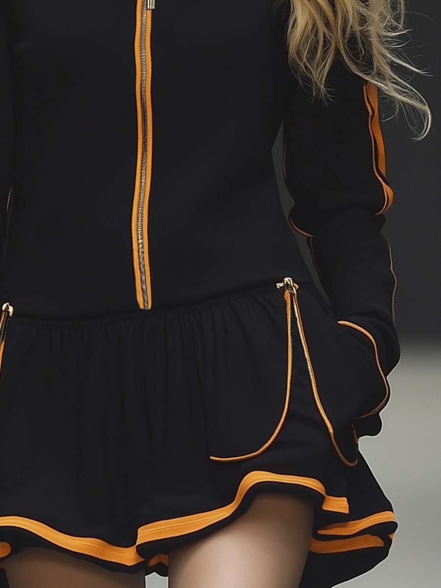 Elegant Sporty Yellow Trim Black Sweatshirt Style Mini Dress