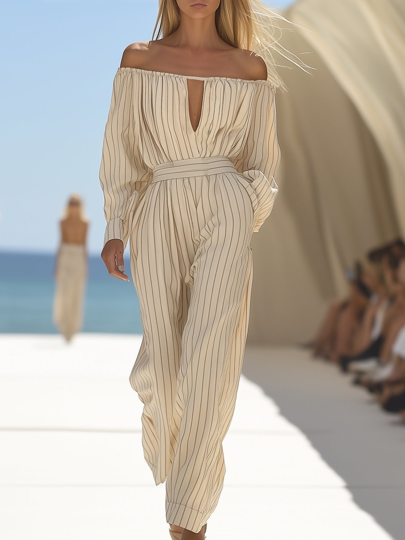 Casual One-Shoulder Apricot Striped Long-Sleeved Jumpsuit