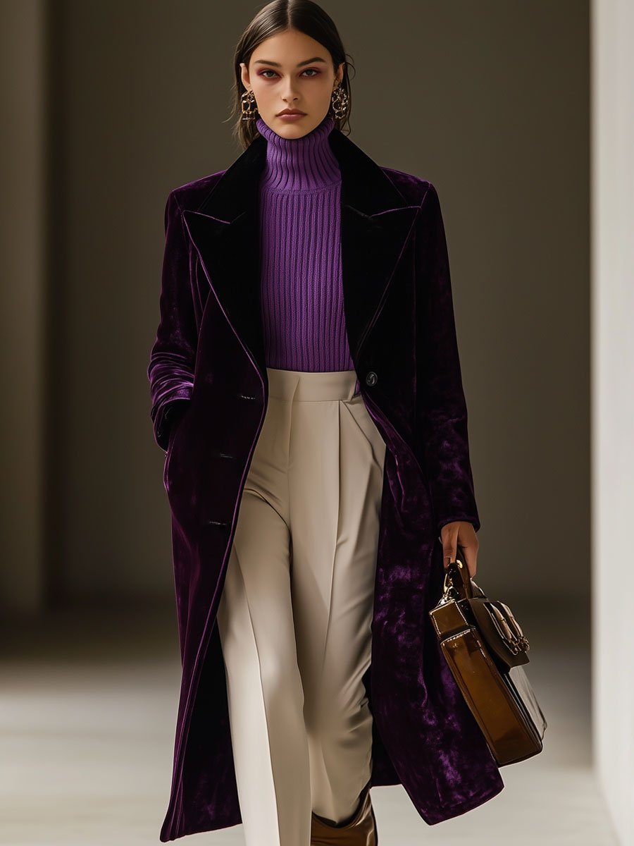 【24-hour shipping out】Casual Loose Retro Velvet Lapel Single-Breasted Mid-Length Coat