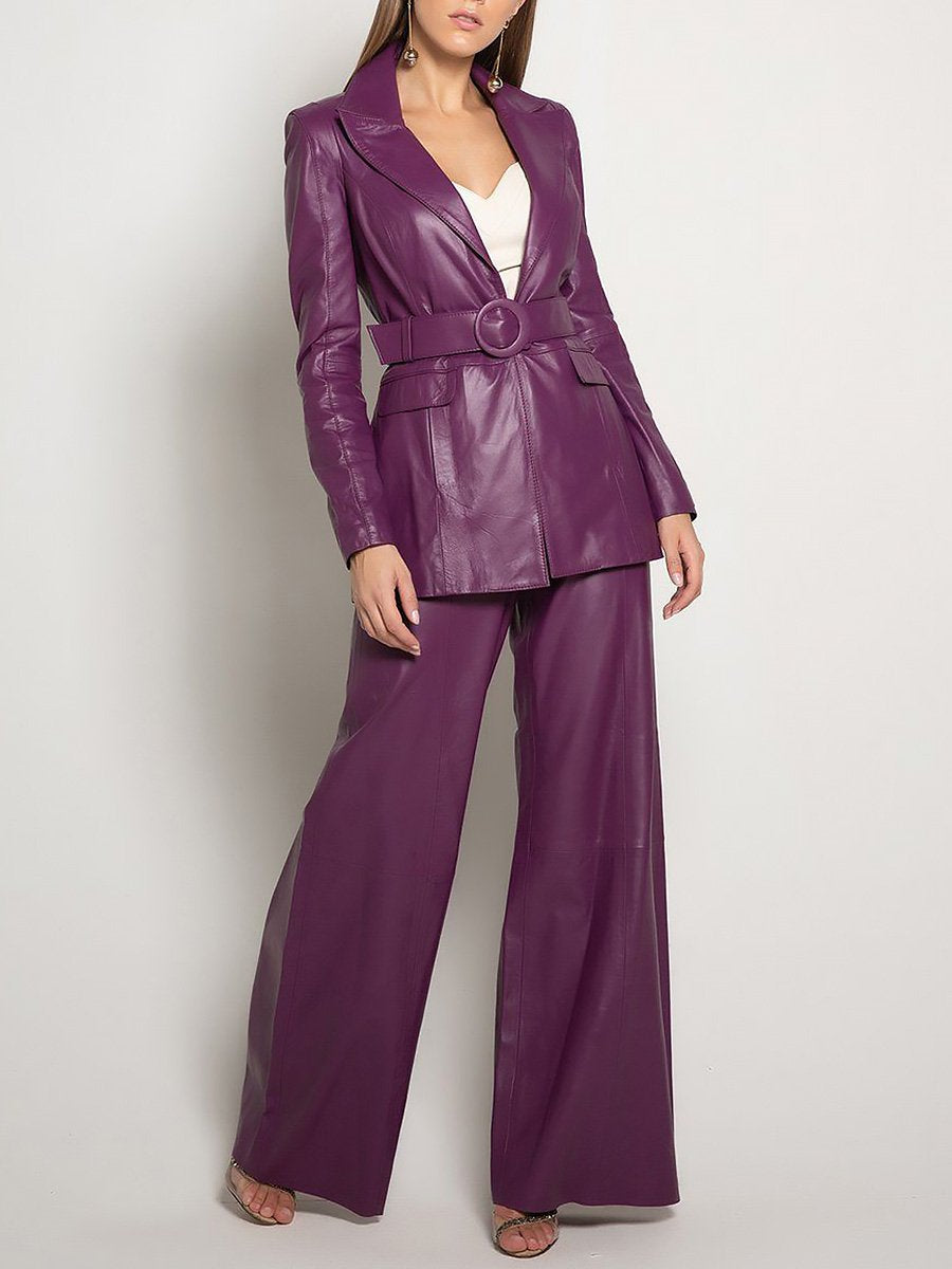 Casual Loose Fashion Purple Leather Wide Leg Pants