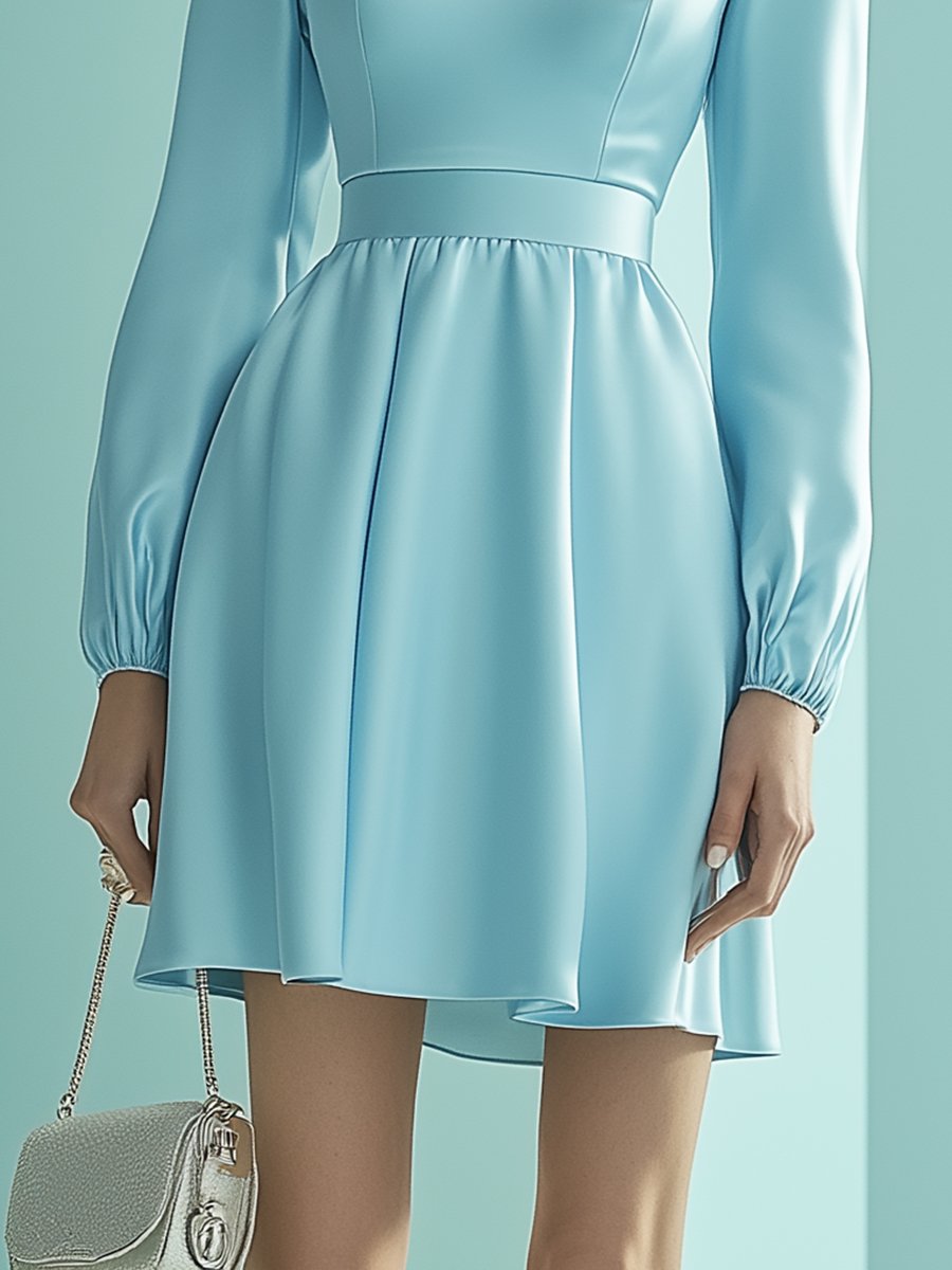 Elegant and Sexy Soft Blue Satin Fabric Chest Hollowed-out Long-sleeved Mini Dress