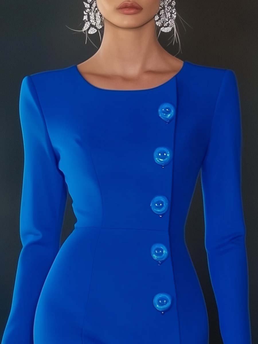 Elegant and Simple Round Neck Button Decoration Blue Midi Dress