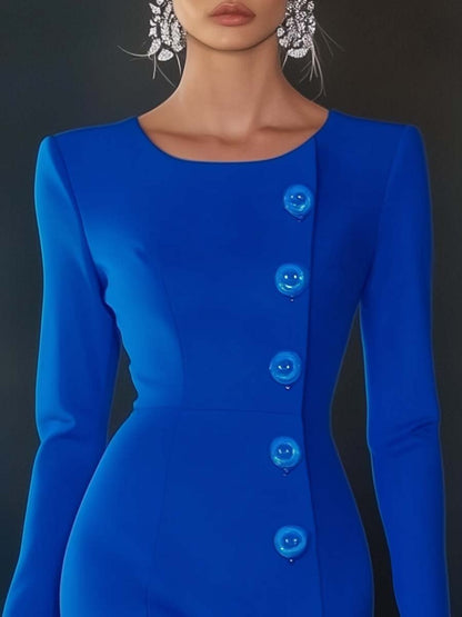 Elegant and Simple Round Neck Button Decoration Blue Midi Dress