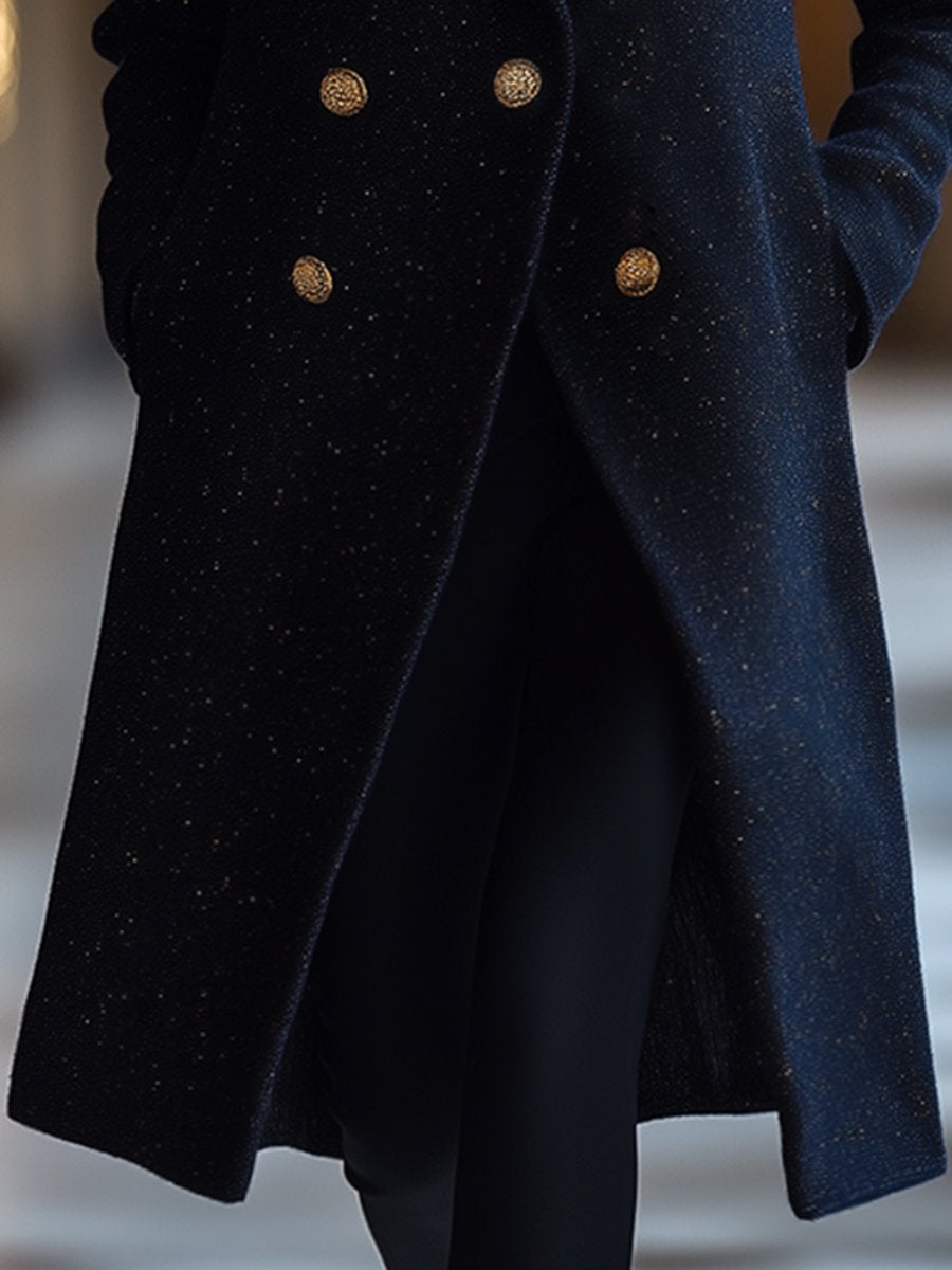 Elegant And Fashionable Loose Gold Double-Breasted Deep Sea Blue Woolen Midi Coat