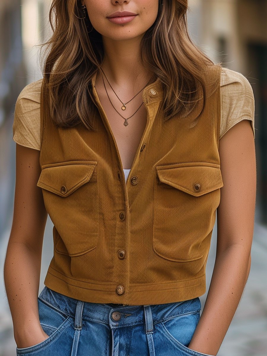 Casual Loose Vintage Corduroy Pocket V-Neck Vest