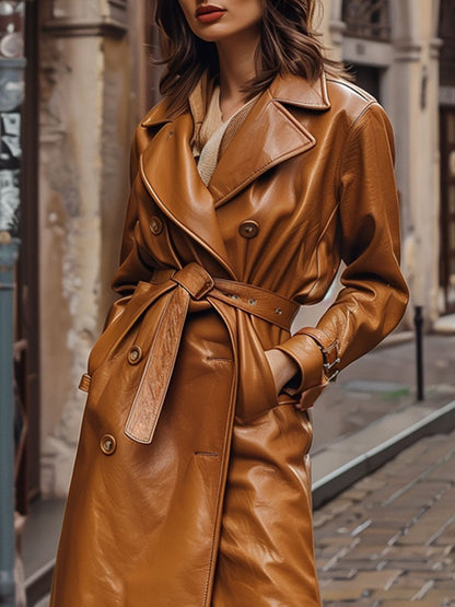 Casual Loose Double Breasted Vintage Belt Pocket Leather Trench Coat