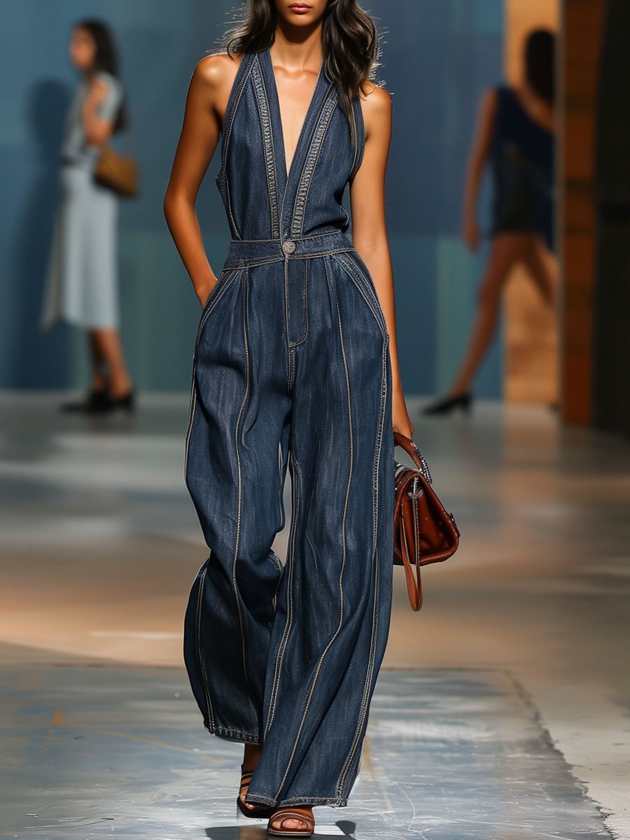 【24-hour shipping】V-Neck Casual Retro Sleeveless Wide-Leg Denim Jumpsuit