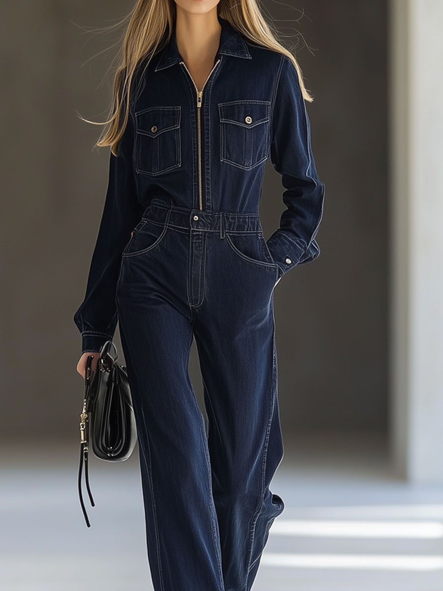 Casual Loose Vintage Denim Multi-Pocket Zipper Lapel Jumpsuit