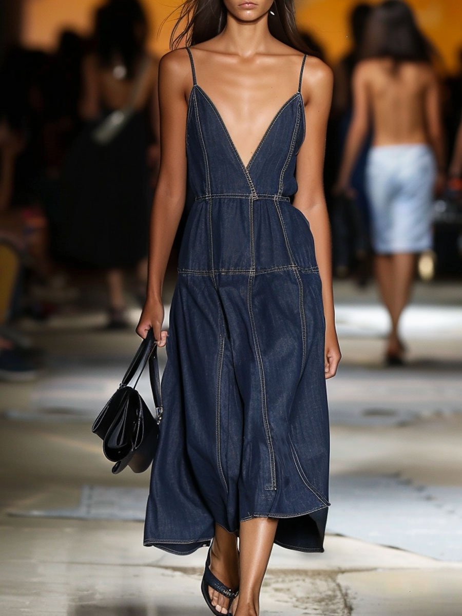 【24-hour shipping out】V-Neck Retro Contrast Color Horizontal Seam Sleeveless Denim Midi Dress