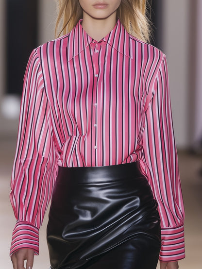 Elegant Lapel Pink Striped Long Sleeve Shirt