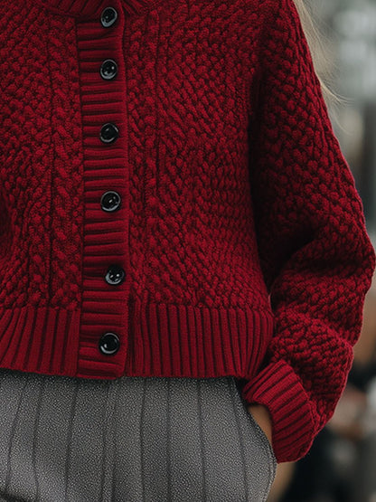 Casual Loose Retro Dark Red Cable Single-Breasted Wool Cardigan