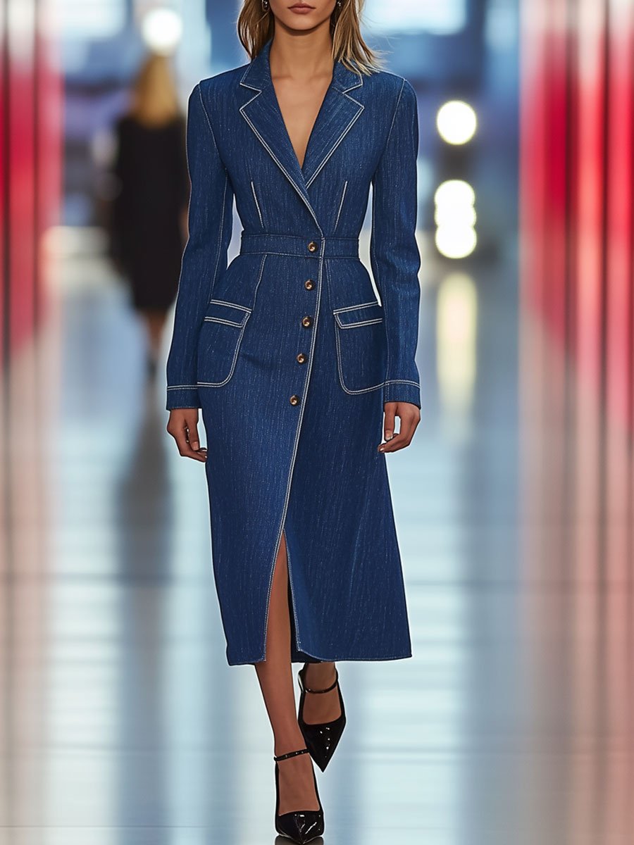 Fashion Retro Dark Blue Denim Long-Sleeved Trench Coat