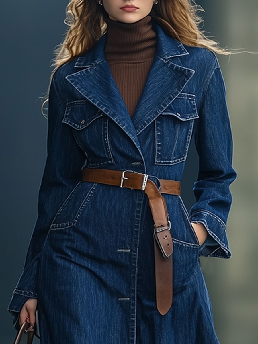 Casual Loose Retro Multi-Pocket Long Dress-Style Denim Trench Coat