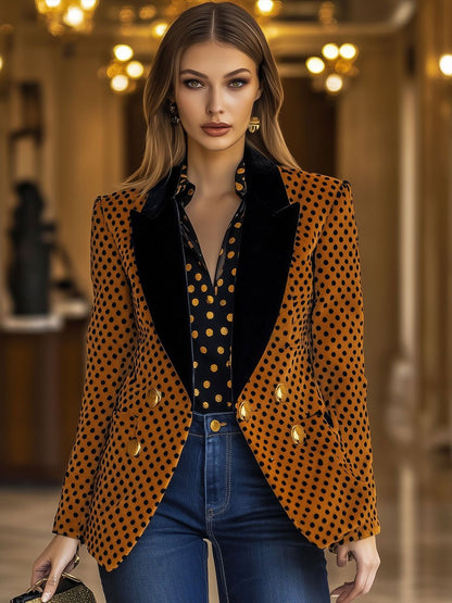 Casual Loose Vintage Velvet Polka Dot Lapel Metal Button Blazer