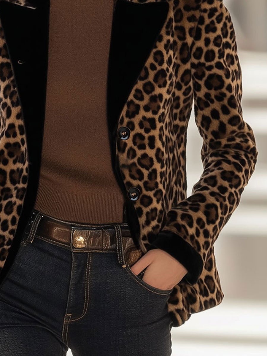 Casual Loose Vintage Velvet Leopard Print Black Trim Blazer