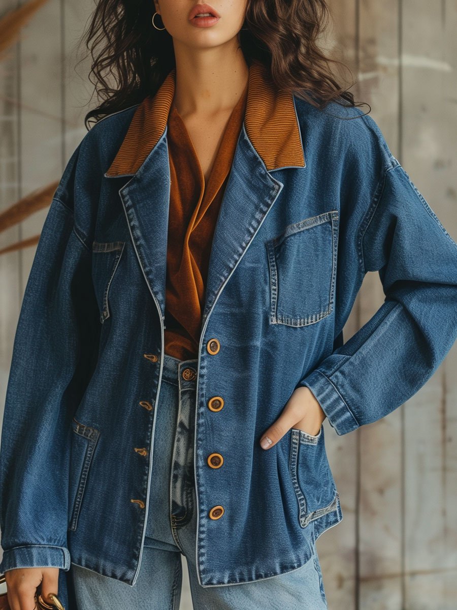 Casual Loose Retro Denim Corduroy Patchwork Multi-Pocket Blazer