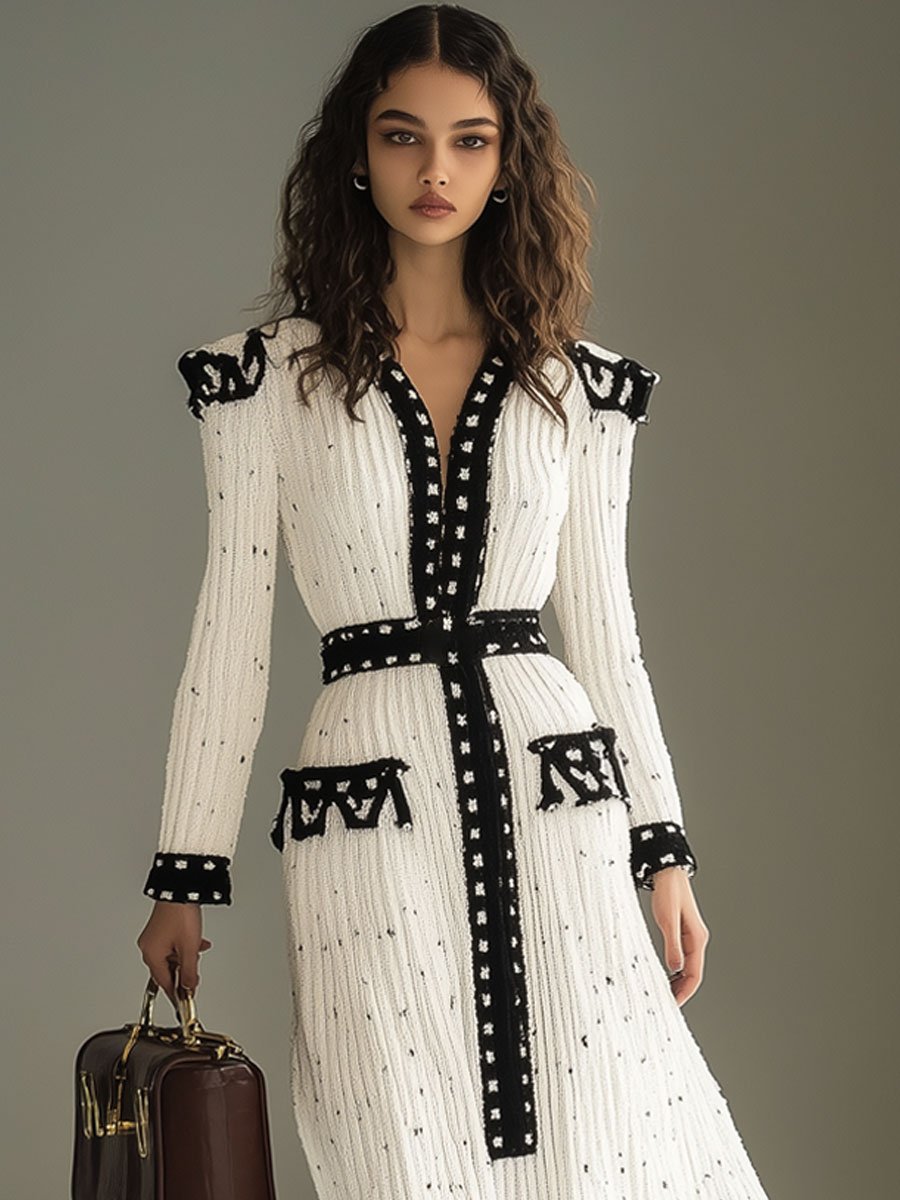 Fashion Retro Black And White Color Matching Knitted Long Sleeve Maxi Dress