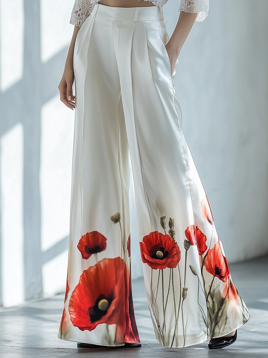 Loose And Fashionable Textured Poppy Print Satin Wide-Leg Pants