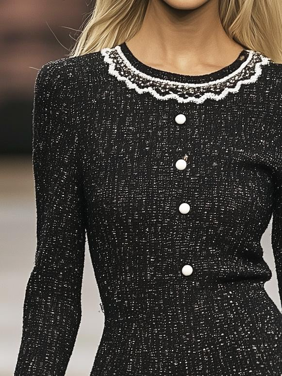 Elegant Tweed Lace Trim Black Long Sleeve Mini Dress