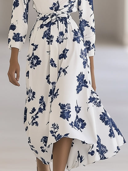 High-end Elegant V-neck Blue Flower Print White Long-sleeved Maxi Dress