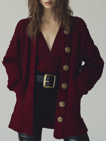 Casual Retro Chic Button Decorated Burgundy Knit Cardigan