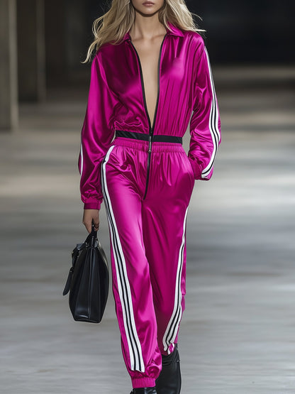 Casual Sport Magenta Long Sleeve Jumpsuit