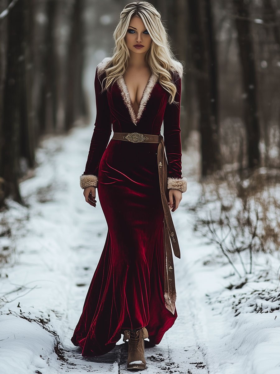 Fashion Retro Wine Red Velvet V-Neck Raw Edge Long Sleeve Fishtail Maxi Dress