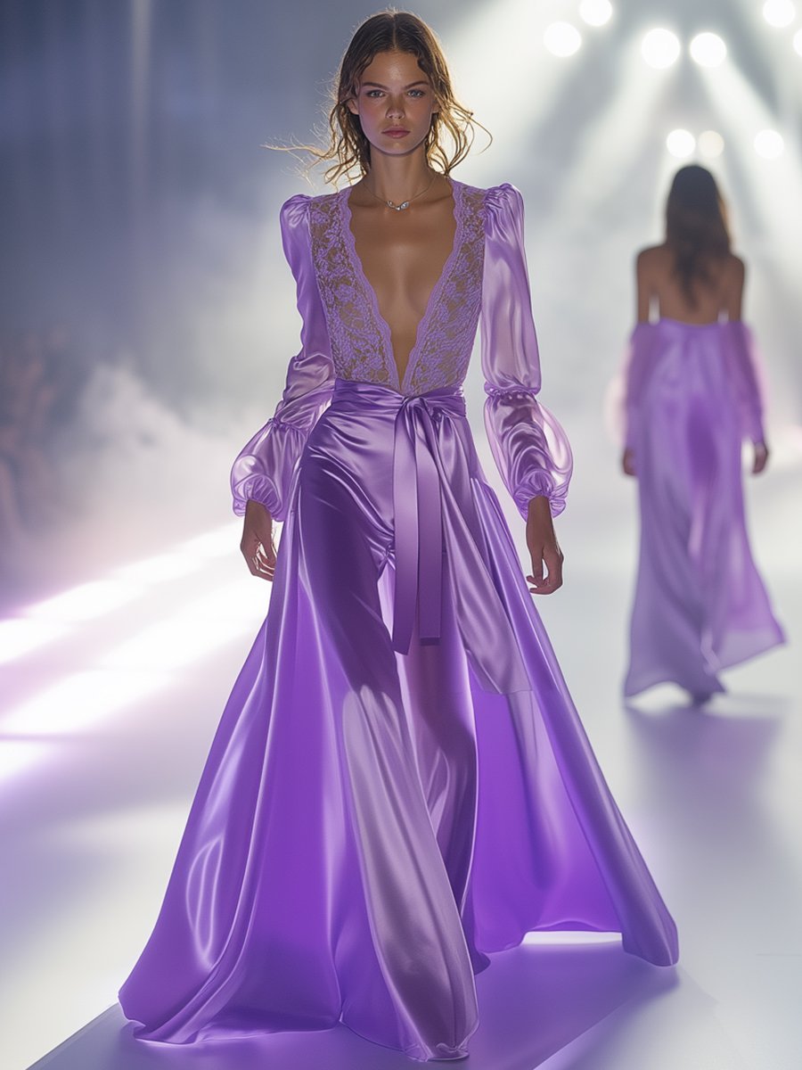 Charming Purple V-neck Lace Splicing Satin Maxi Dress