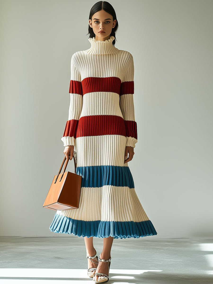 Fashion Retro Colorful Striped Turtleneck Long Sleeve Knitted Midi Dress