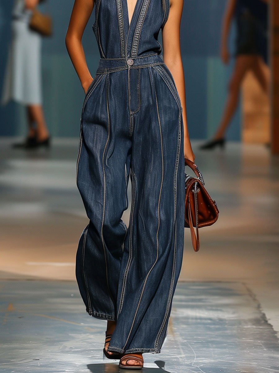 Backless Retro Style High Waist Denim Jumpsuit