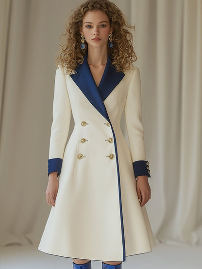 High-End Temperament Fashionable And Elegant Blue And White Contrast Lapel Dress