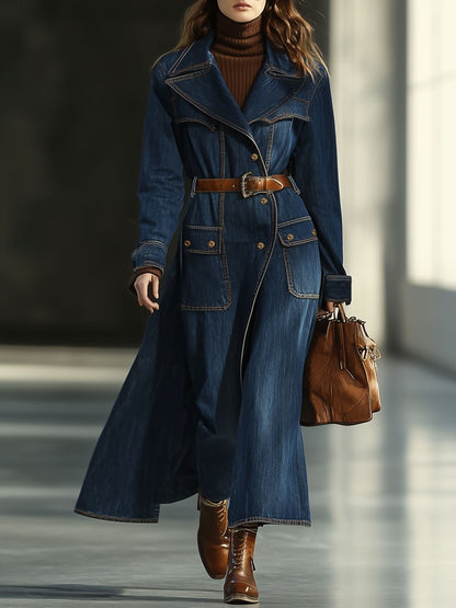 Casual Loose Retro Pocket Long Denim Trench Coat