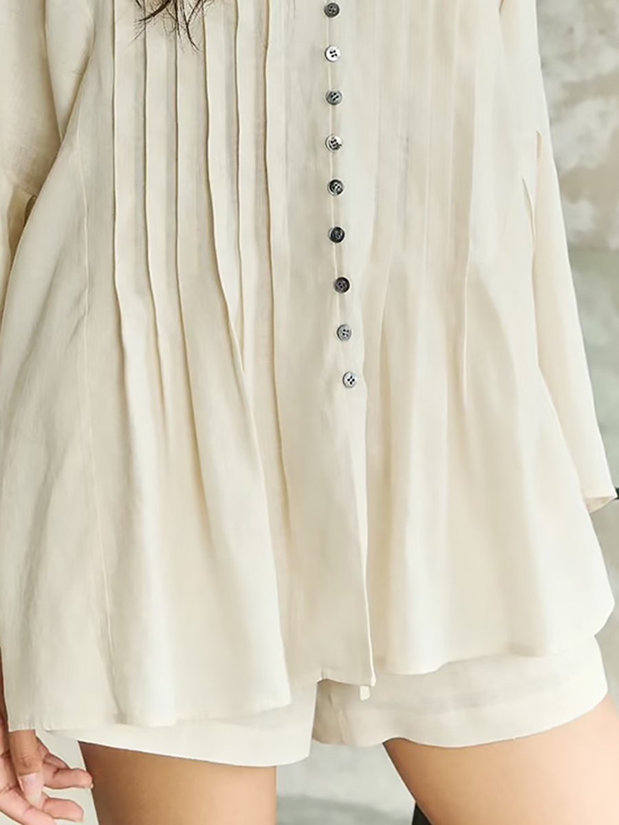 Casual Loose Simple Pleated White Shirt Shorts Set