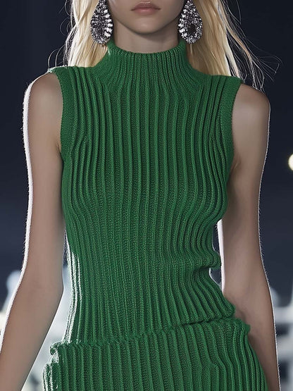 Personalized Half-high Collar Sleeveless Flared Hem Green Knitted Mini Dress