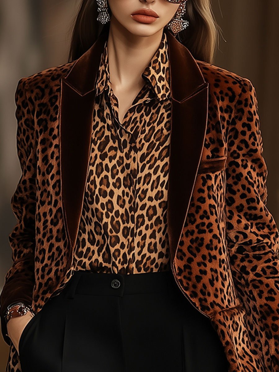 【24-hour shipping】Casual Loose Retro Velvet Leopard Print Lapel Blazer