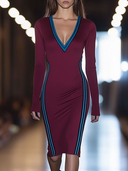 Casual V-Neck Blue Striped Burgundy Cotton Blend Sports Long-Sleeved Mini Dress