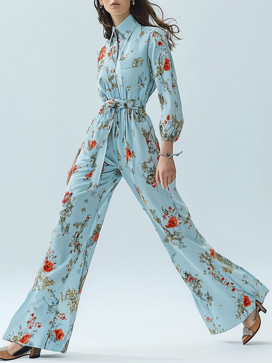 Fashionable Casual Loose Blue Printed Shirt Long-sleeved Jumpsuit