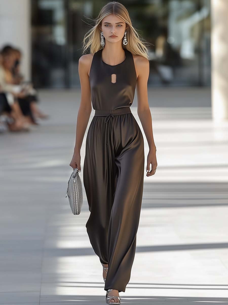 Elegant and Chic Round Neck Sleeveless Chest Cutout Brown Satin Jumpsuit