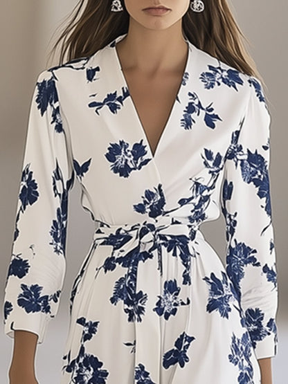 High-end Elegant V-neck Blue Flower Print White Long-sleeved Maxi Dress