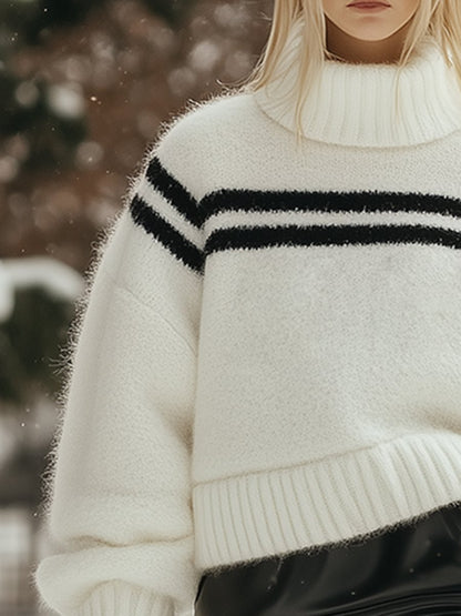 Fashion Loose Casual High Neck Striped Mohair Sweater