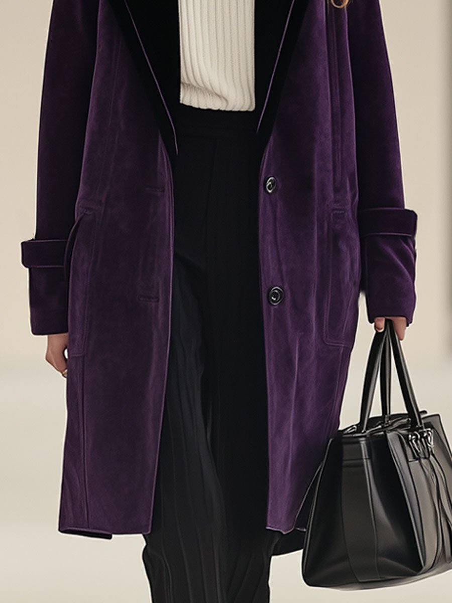 Casual Loose Retro Purple Suede Mid-Length Pocket Coat