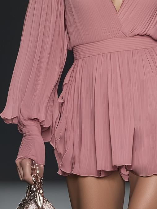 Flowy Rose Pink Chiffon V-Neck Off-The-Shoulder Long-Sleeved Mini Dress