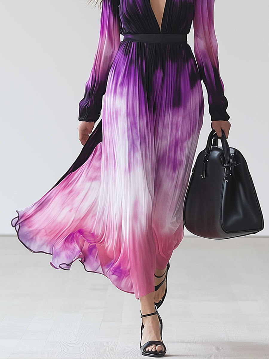 Fashion Holiday Pink And Purple Tie-Dye Pleated V-Neck Long-Sleeved Maxi Dress