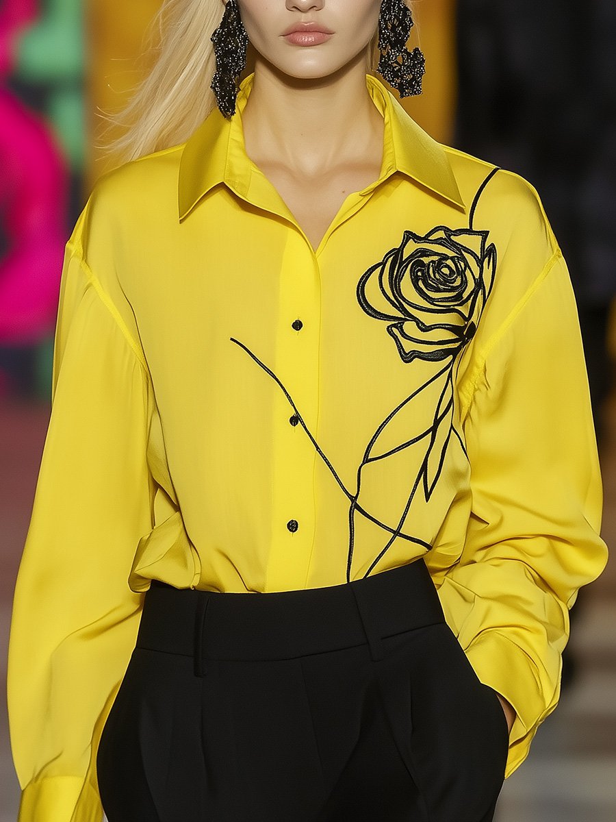 Intellectual and Capable Artistic Hand-painted Lines Rose Embroidery Yellow Satin Shirt