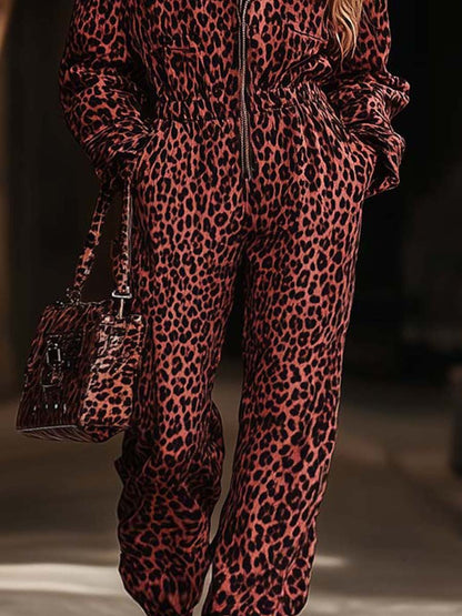 Fashion Retro Lapel Pocket Zipper Leopard Jumpsuit