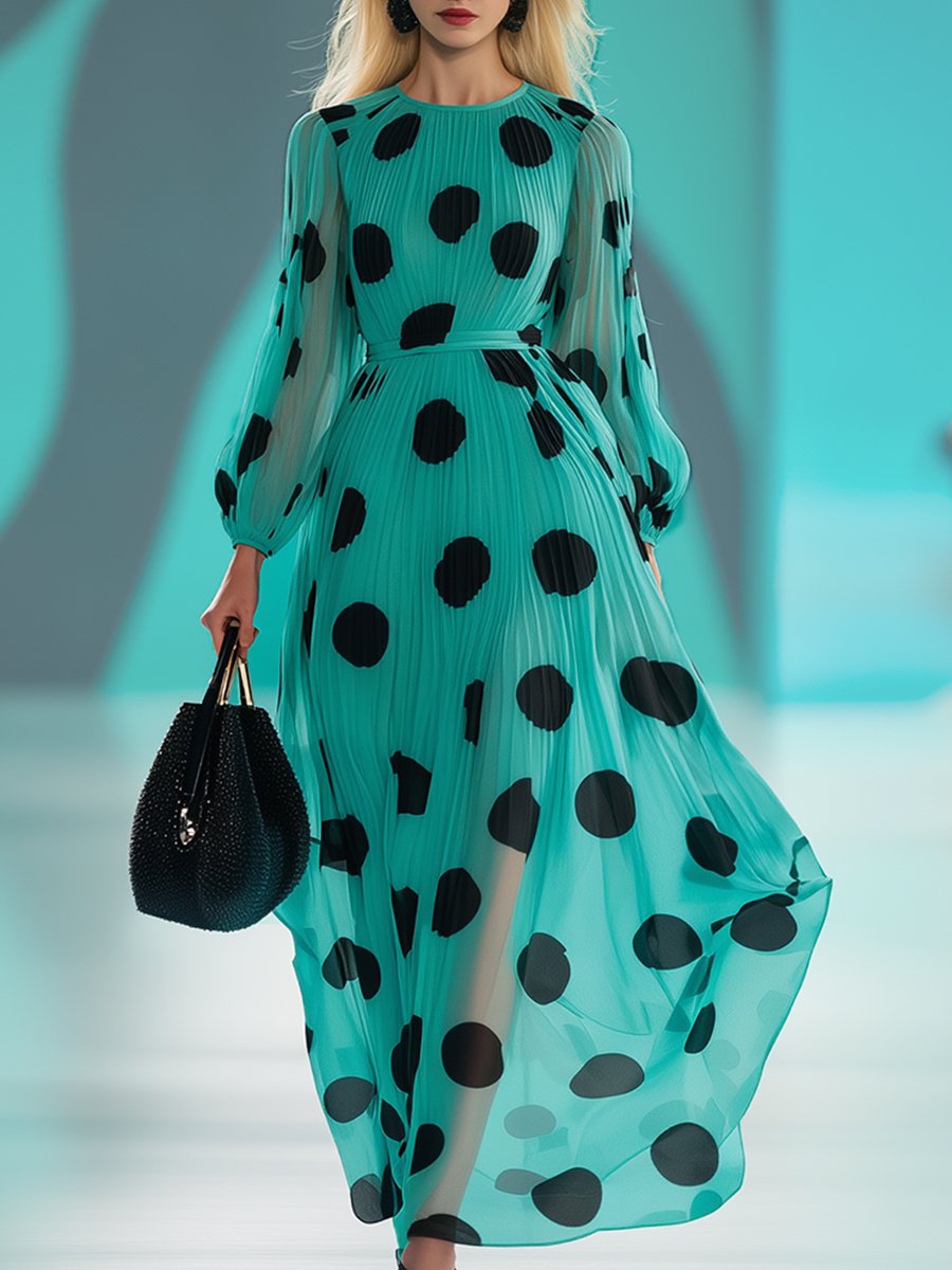 Romantic Flowing Polka Dot Chiffon Long Sleeve Maxi Dress