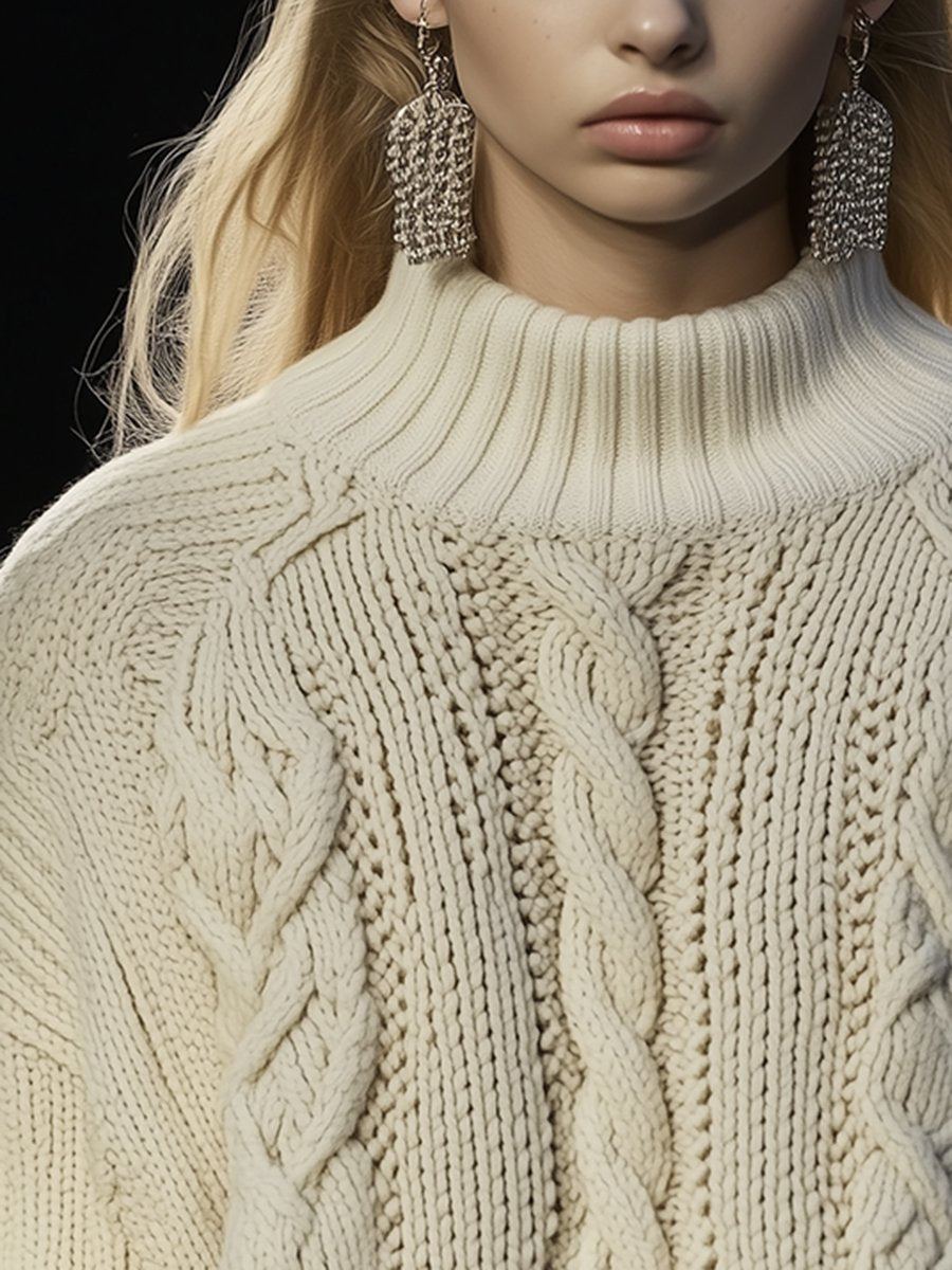 Retro Lazy Style Loose Casual Cable Knit Turtleneck Sweater