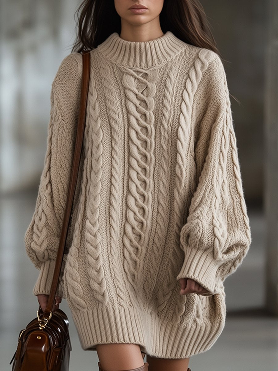 Retro Lazy Style Thickened Knitted Twisted Mid-Length Loose Pullover Dress